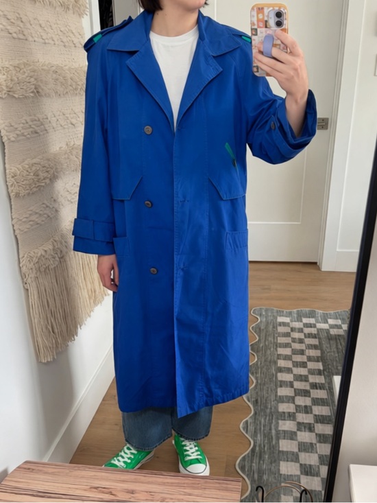Vintage Jackets & Blazers - Vintage Bold Royal Blue Long Trench Coat with Green Accent Size Medium